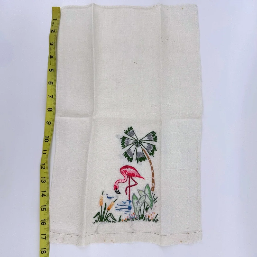 Hand Embroidered 3 Linen Tea Towels Cream Flamingo Butterfly Floral Needlepoint